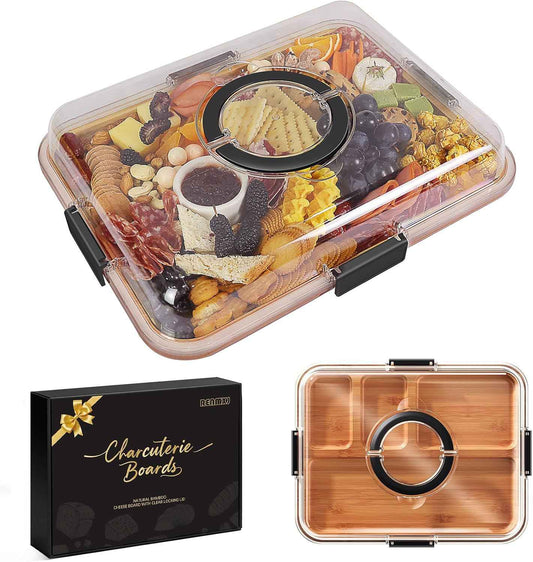 Renmxj Portable Charcuterie Boards with Lid, Cheese, Veggie & Snack Tray | Clear Lid Keeps Food Fresh, Travel Portable Board for Kitchen, Picnic and Party, House Warming Gifts New Home