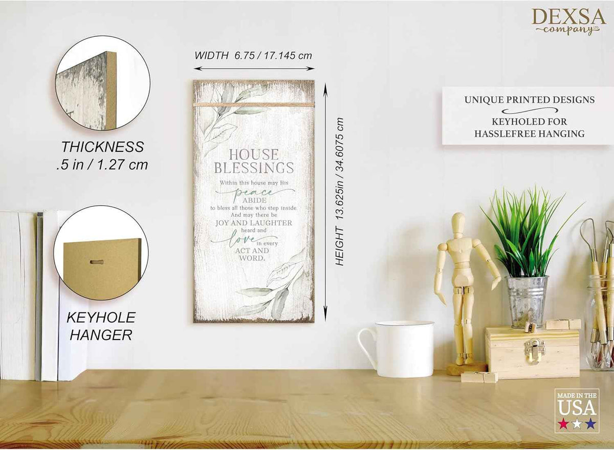 DEXSA House Blessings Wood Plaque Inspiring Quote 6 3/4 in x 13 5/8 in - Classy Vertical Frame Wall Hanging Decoration | Elegant Verse | Christian Family Religious Home Decor Saying | Made in the USA
