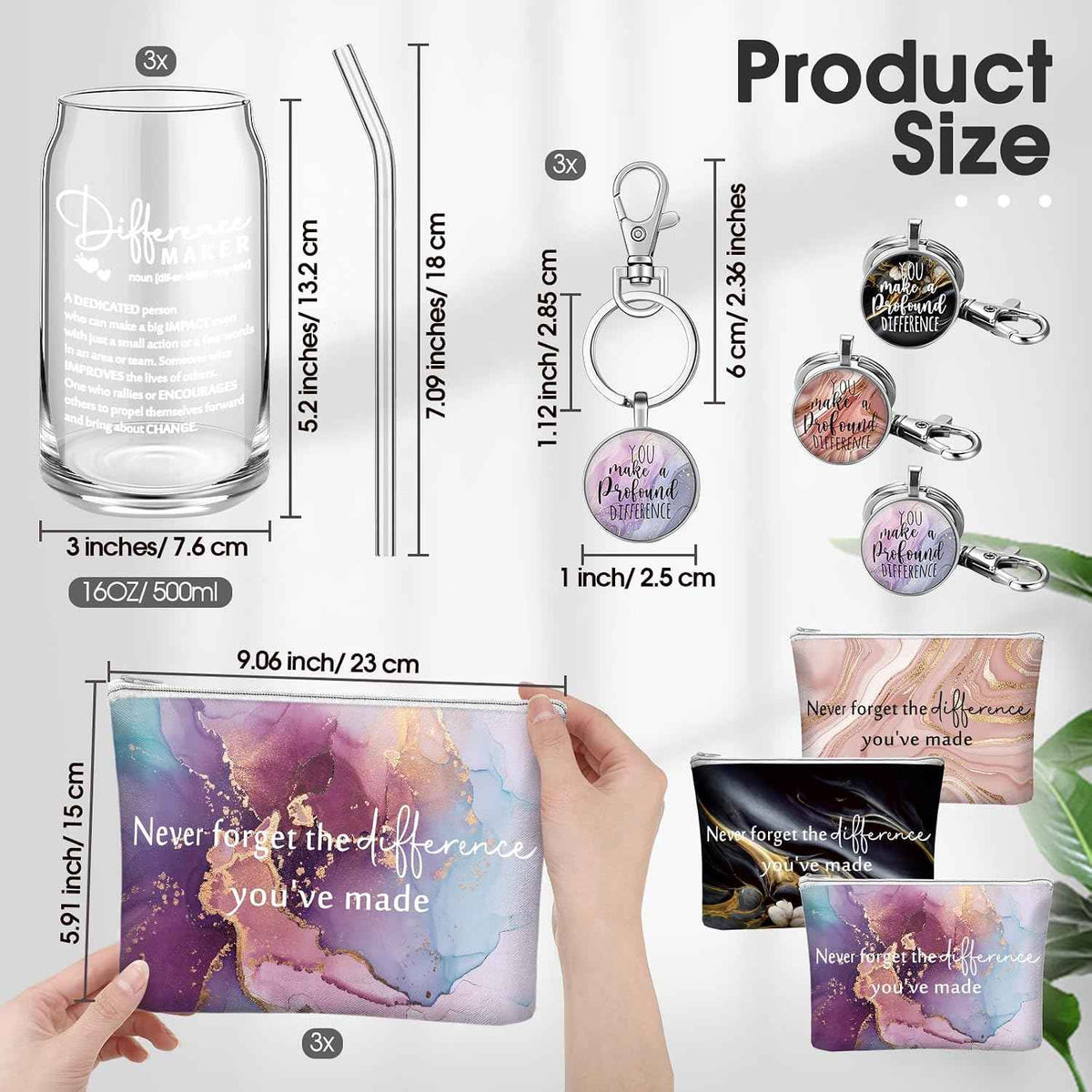 Hoolerry 9 Pcs Thank You Gifts for Women Employee, Difference Maker | 16oz Glass Cup, Motivational Pouch, Teacher Appreciation Keychain for Boss Coworkers Nurse Volunteer Team Social Worker Gifts