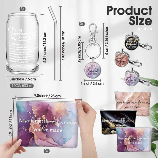 Hoolerry 9 Pcs Thank You Gifts for Women Employee, Difference Maker | 16oz Glass Cup, Motivational Pouch, Teacher Appreciation Keychain for Boss Coworkers Nurse Volunteer Team Social Worker Gifts