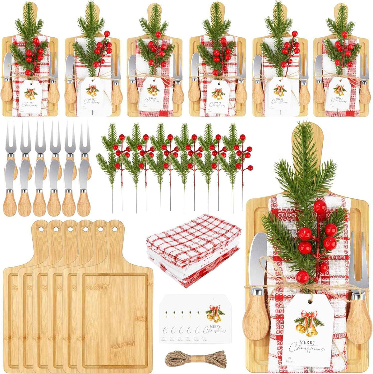 Fayoo 6 Set Christmas Wooden Cutting Board Kit, Kitchen Gift Set | Cheese Charcuterie Board Kit, Tea Towels Cheese Knife Set Red Berry Housewarming Gifts for Neighbor Xmas Holiday Party Decor