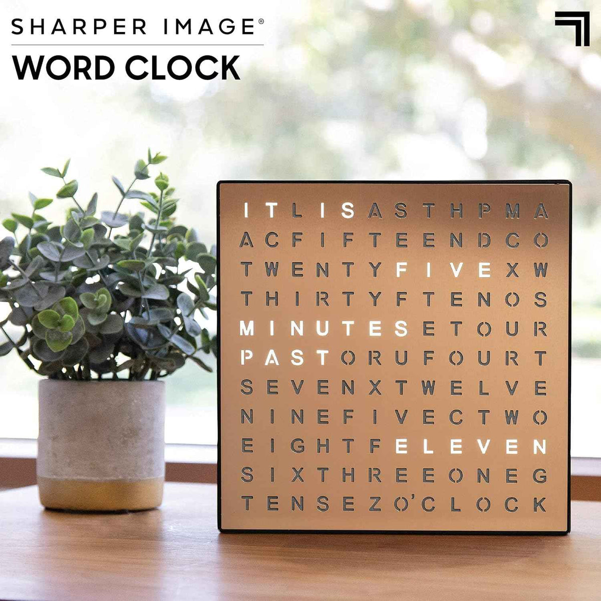 Sharper Image LED Word Digital Clock, 7.75", Copper Finish, Light-Up Desk & Wall Clock, Modern Time Display, Shelf or Wall Decor for Home Office, Living Room, Kitchen & Bedroom, Housewarming Gift