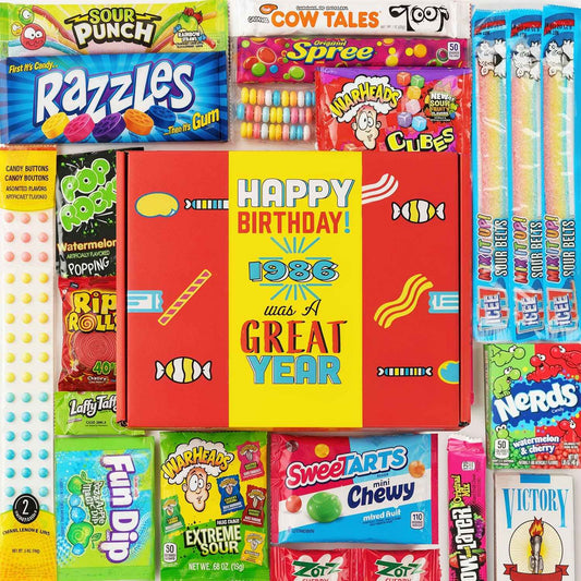 RETRO CANDY YUM 1986 Birthday Gift Box, 18-Kinds Retro Candy Assortment | Retro Candies Themed Nostalgia Gift Box, 40th Birthday Surprise for Men, Women, Parents, Friends & Family Members