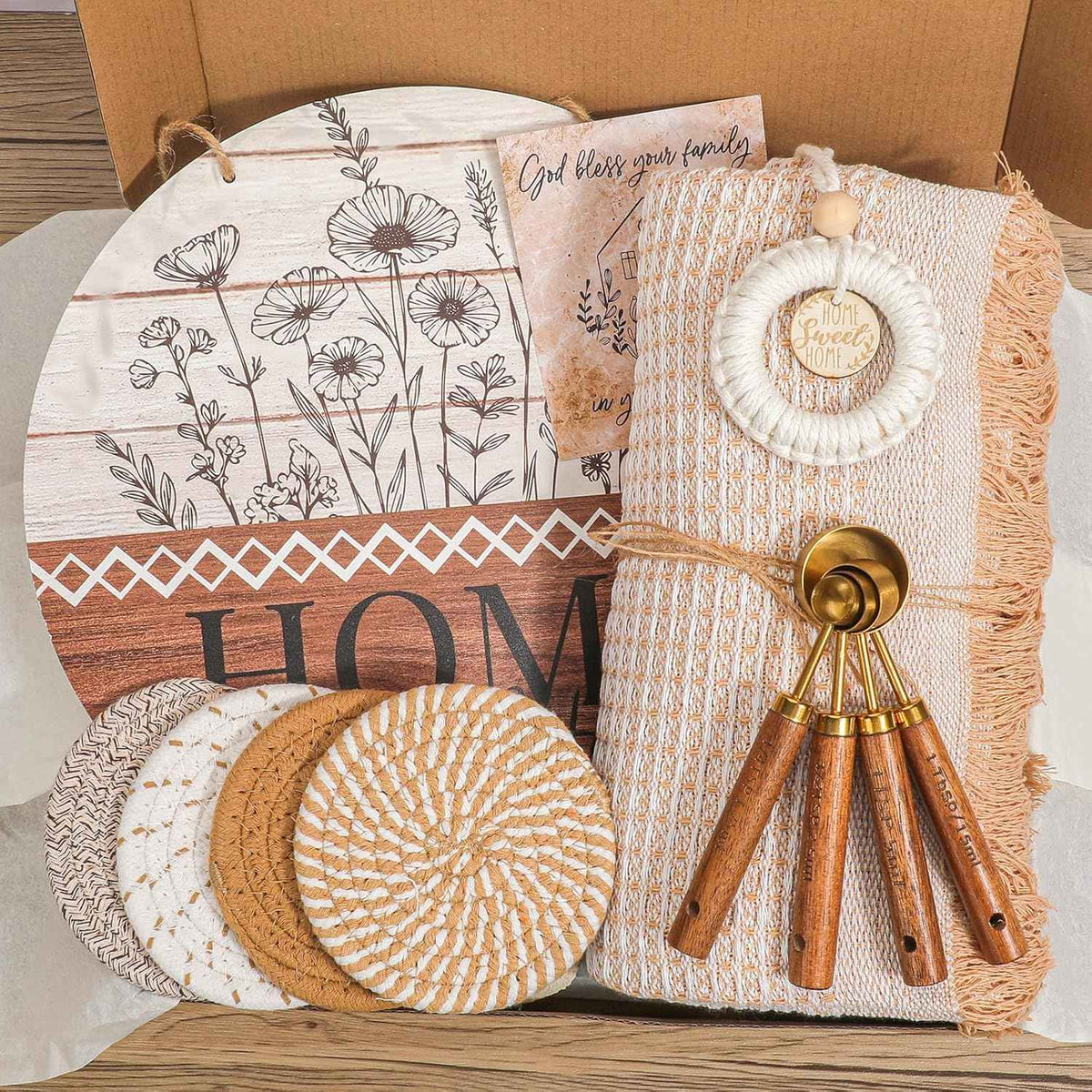 House Warming Gifts New Home,New Home Gift Ideas,Rustic Farmhouse Housewarming Gifts Set with Wooden Door Wreaths,Throw Blanket,Measuring Spoons & Coasters,Closing Gift for House Buyers