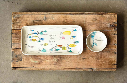 Creative Co-Op Rectangle Stoneware Plate with Fish Images and Matching Bowl