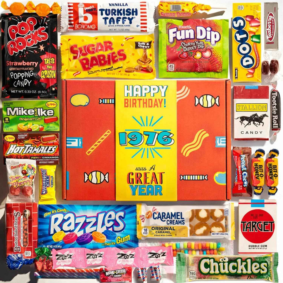 RETRO CANDY YUM Candy 1976 - Nostalgic Candy Box for 50th Birthday - Vintage Childhood Sweets - Fun Retro Gift for Men and Women, Party Centerpiece, Shrink Wrapped Gift Box Assortment