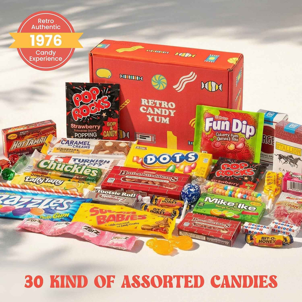 RETRO CANDY YUM Candy 1976 - Nostalgic Candy Box for 50th Birthday - Vintage Childhood Sweets - Fun Retro Gift for Men and Women, Party Centerpiece, Shrink Wrapped Gift Box Assortment