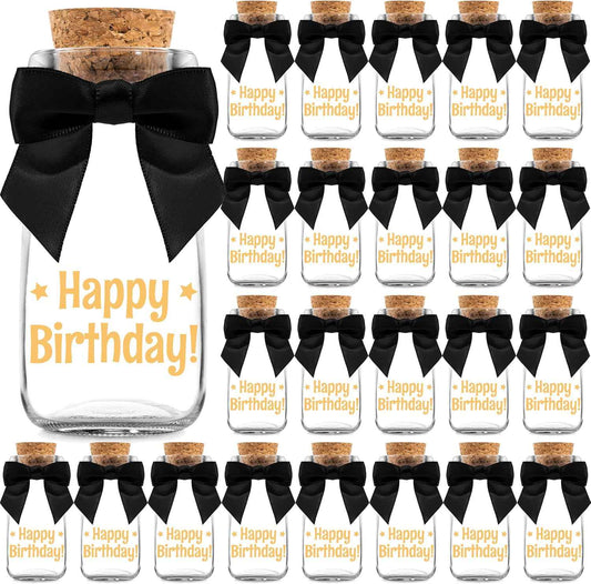 Ethisa Vintage 24 Pack Adult Birthday Party Favors Glass Bottles with Ribbons and Stickers - Classy Happy Birthday Favors and Table Centerpieces Decorations - Sturdy Candy Jar for Guests