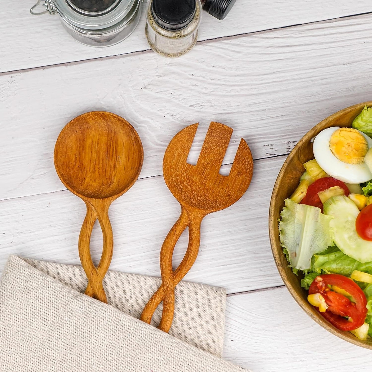 JABIHOME Wooden Salad Utensils Set, Easter Cooking Gifts for Mom, Wooden Salad Servers for Serving, Tossing, Valentine's Day Hostess Gifts for Women