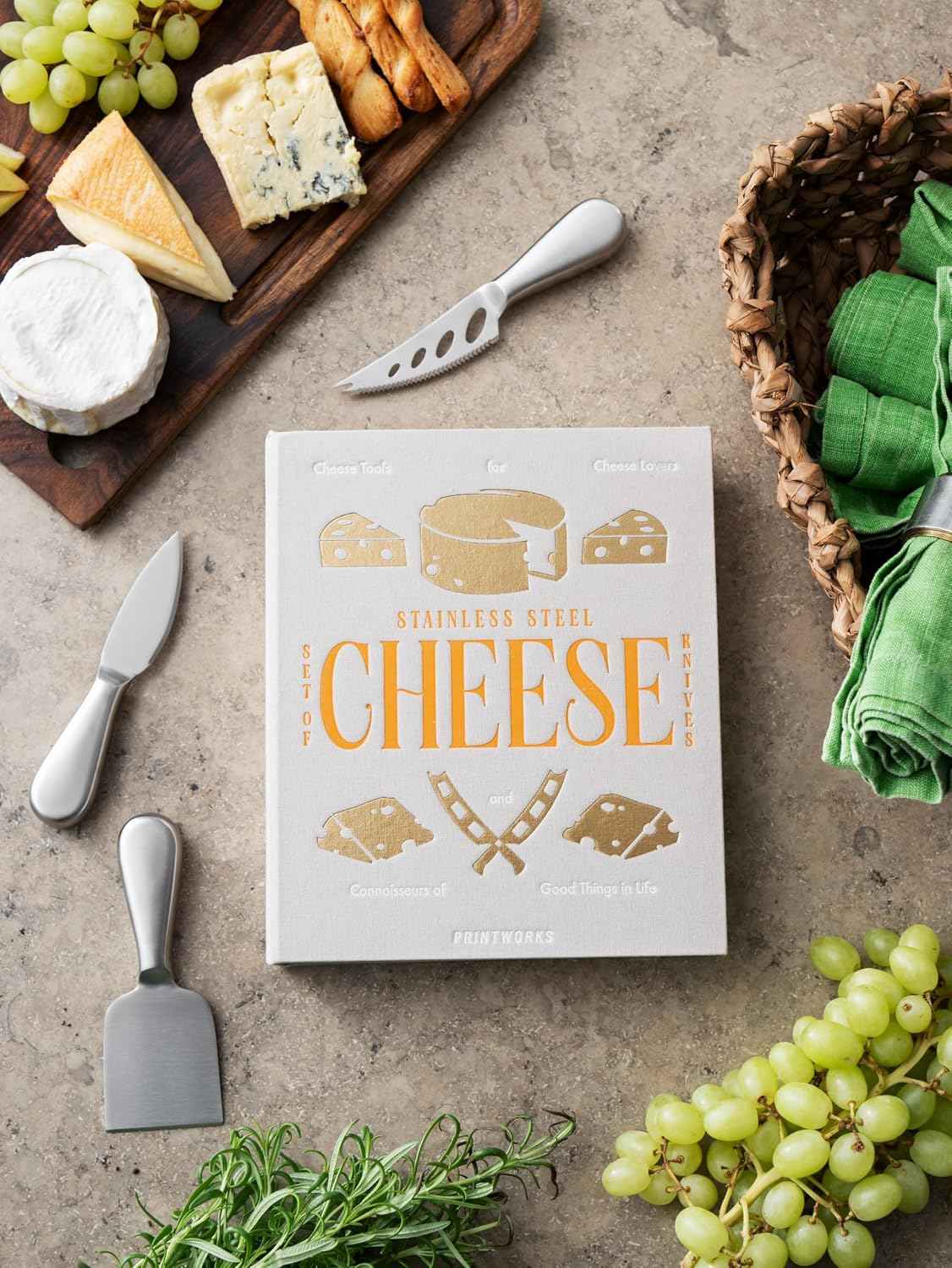 Printworks The Essentials Cheese Tools - 3-Piece Stainless Steel Knife Set | For Hard, Soft & Crumbly Cheese, Book-Style Case, Compact Charcuterie Size