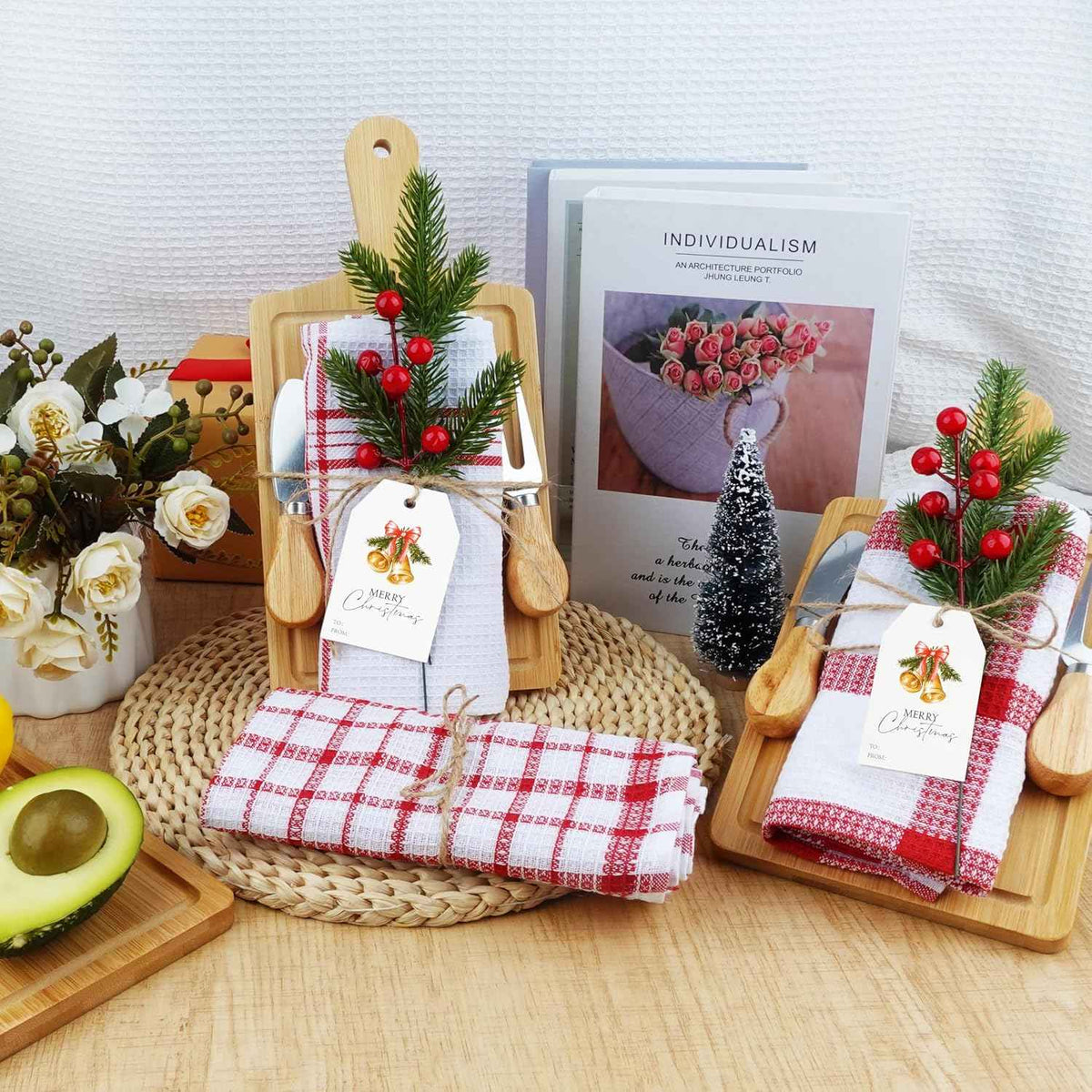 Fayoo 6 Set Christmas Wooden Cutting Board Kit, Kitchen Gift Set | Cheese Charcuterie Board Kit, Tea Towels Cheese Knife Set Red Berry Housewarming Gifts for Neighbor Xmas Holiday Party Decor