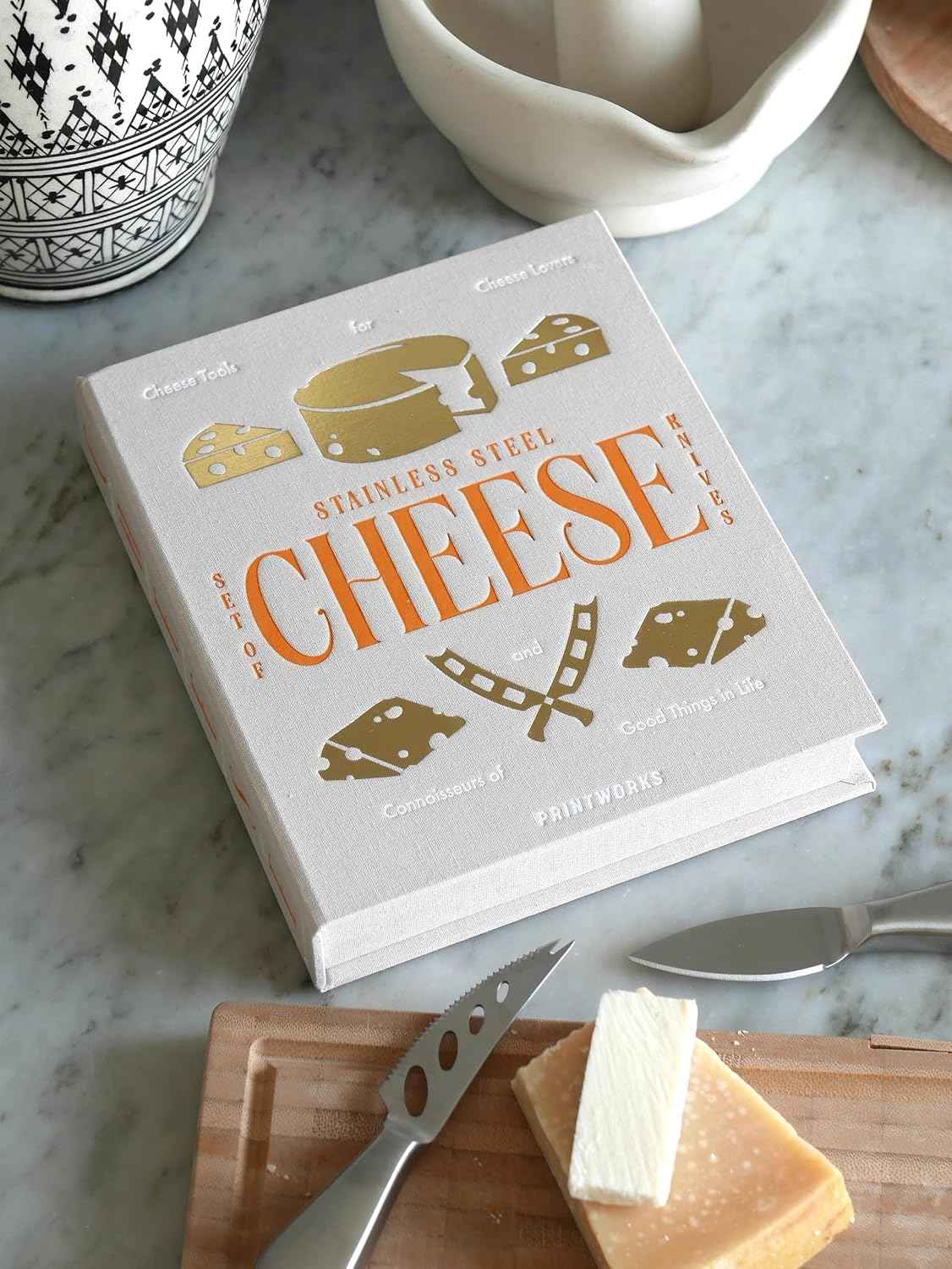 Printworks The Essentials Cheese Tools - 3-Piece Stainless Steel Knife Set | For Hard, Soft & Crumbly Cheese, Book-Style Case, Compact Charcuterie Size