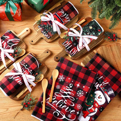 Fanfanwin 6 Sets Christmas Kitchen Gifts Pine Branches Acacia Cutting Board Cooking Spoon Towel Ribbon for Xmas Decoration Friends Family Client Homeowner Apartment Closing Housewarming Favors