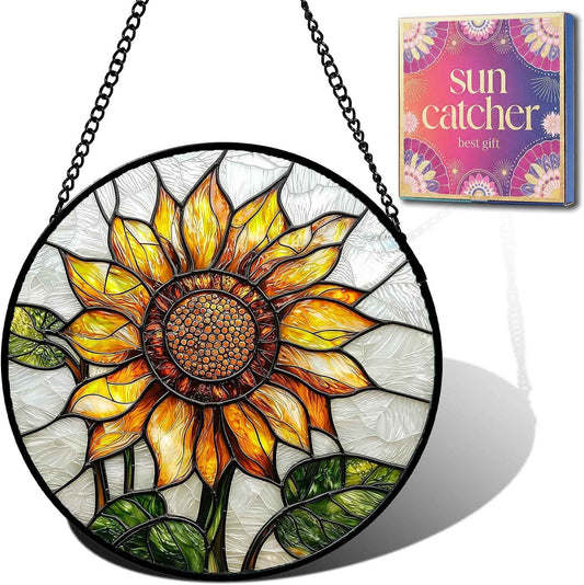 Sunflower Gifts for Women - Yellow Flower Faux Stained Glass Window Hanging Sun Catcher for Door Garden Acrylic Decor Mother's Day Christmas Birthday Gift for Mom Nana Grandma Sisters Colleague 6.3"