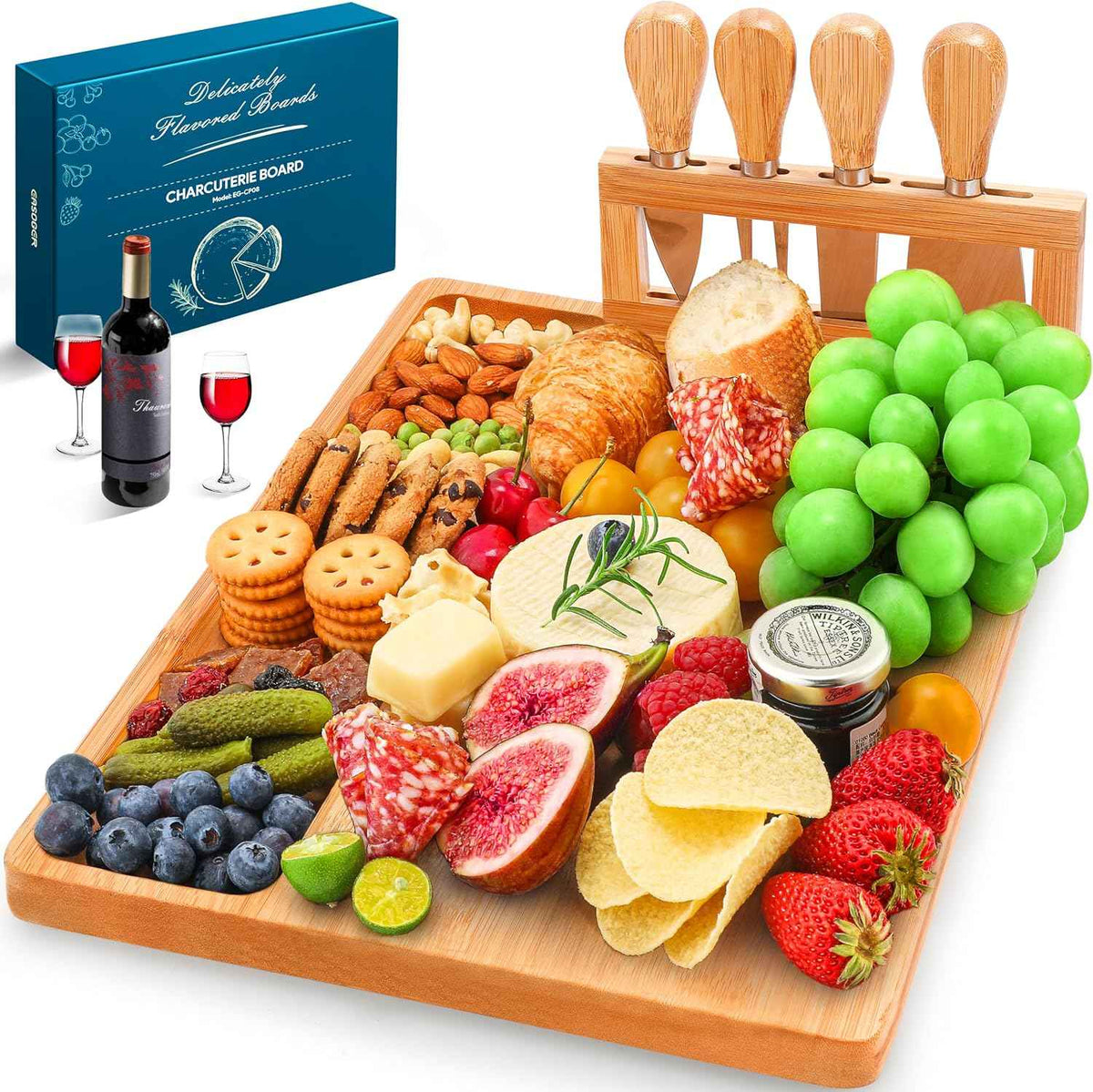 Easoger Cheese Board and Knife Sets for Christmas,House Warming | Extra Large Charcuterie Boards with Magnetic Knife Holder, Cheese Platter Gift for Wedding, Anniversary, Thanksgiving