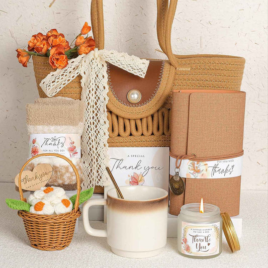 Thank You Gifts for Women,Teacher Employee Appreciation Gift,6PCS Vintage Appreciation Gift Basket for Coworkers Nurse Friends Boss with Woven Tote Bag,Leather Journal,Mug Candle